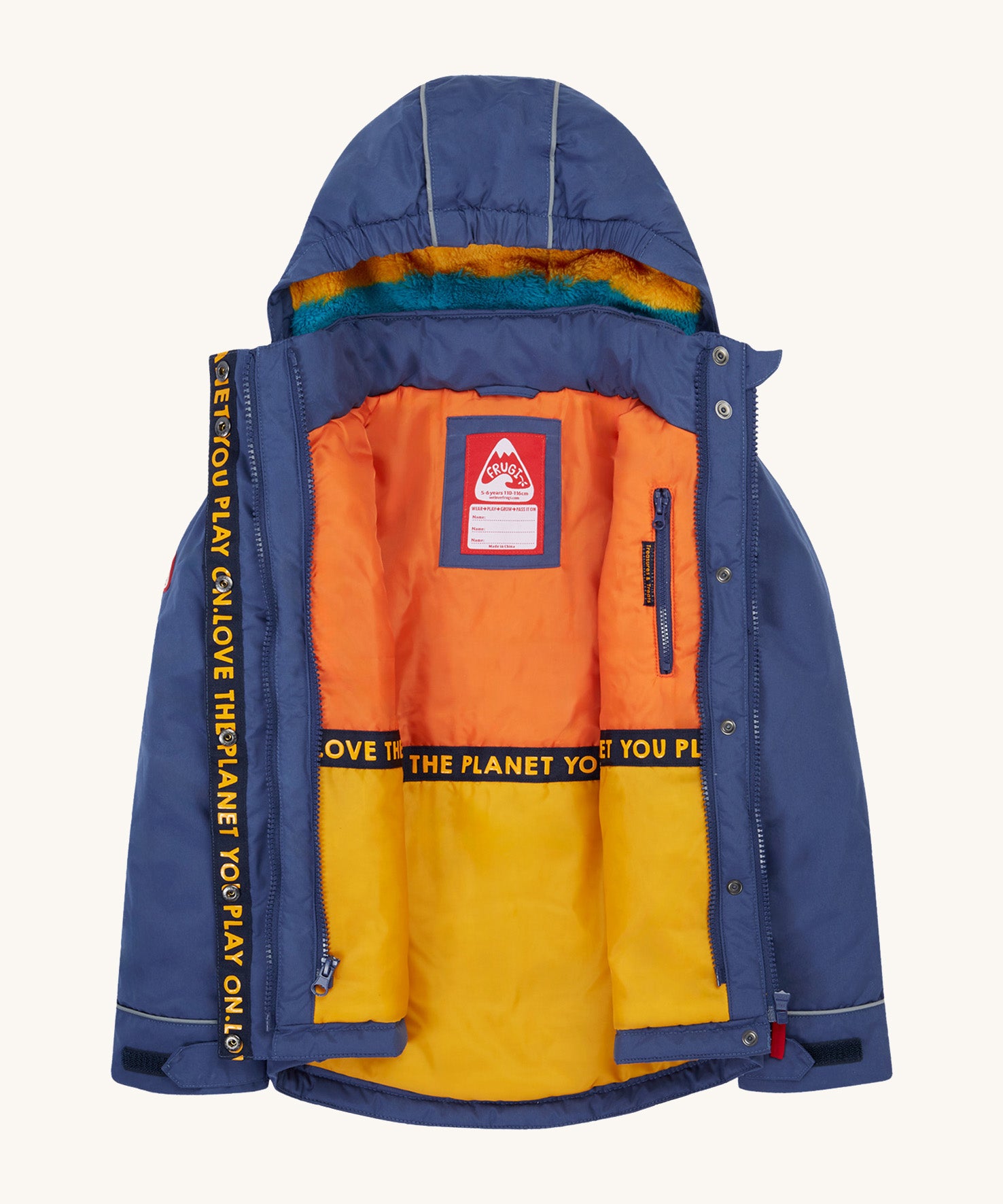 Frugi kids 3 in 1 rambler coat in Autumn stripe /navy colourway. A navy waterproof coat from post consumer recycled polyester. Features a removable hood with a fleece liner for warmth, a name tag patch on the inside and a full length zip with popper fasteners