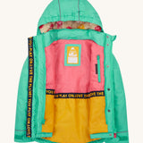 Frugi kids 3 in 1 rambler coat in dragon/mushroom. A bright turquoise  waterproof coat from post consumer recycled polyester. Features a removable hood with a fleece liner for warmth, a name tag patch on the inside and a full length zip with popper fasteners