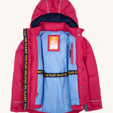 Frugi kids 3 in 1 rambler coat in snapdragon /navy colourway. A waterproof coat from post consumer recycled polyester. Features a removable hood, a full length zip with popper fasteners for a secure fit and a hidden side pocket.