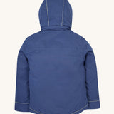 A back view of the Frugi kids  3 in 1 rambler coat in Autumn stripe /navy showing the thin reflective strips on the hood and bottom of the coat.