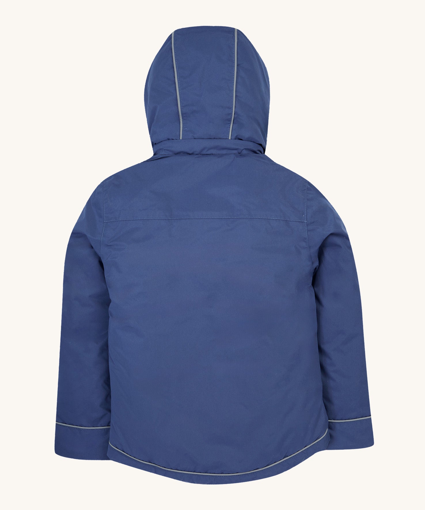 A back view of the Frugi kids  3 in 1 rambler coat in Autumn stripe /navy showing the thin reflective strips on the hood and bottom of the coat.