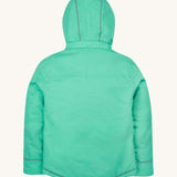 A back view of the Frugi kids  3 in 1 rambler coat in dragon/mushroom showing the thin reflective strips on the hood and bottom of the coat.