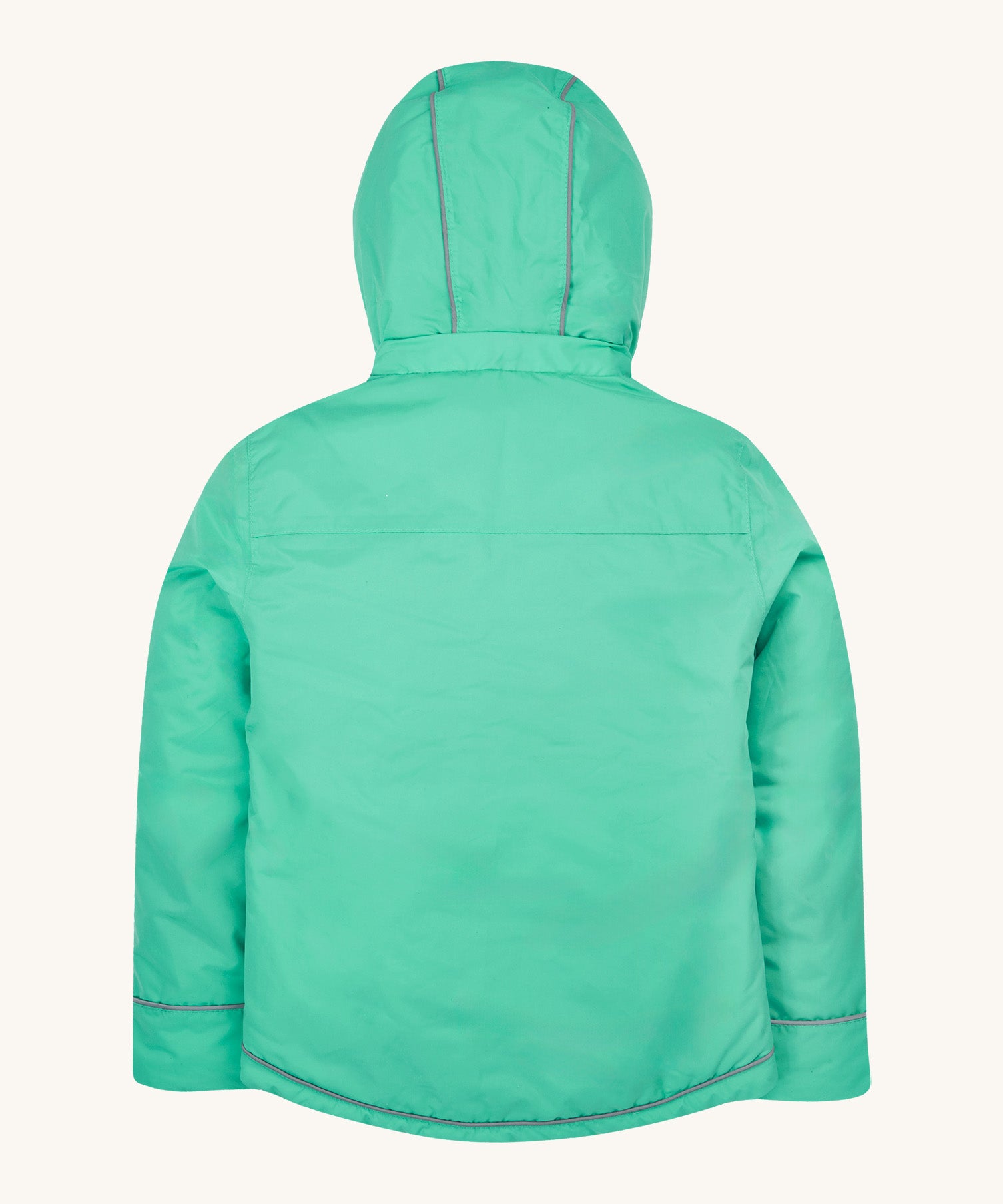 A back view of the Frugi kids  3 in 1 rambler coat in dragon/mushroom showing the thin reflective strips on the hood and bottom of the coat.