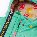 A close up of the Frugi kids 3 in 1 rambler coat in dragon/mushroom showing the zip detail and mushroom fleece liner inner on the hood