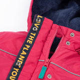 A close up of the Frugi kids 3 in 1 rambler coat in snapdragon /navy colourway showing the zip detail and navy fleece liner inner on the hood