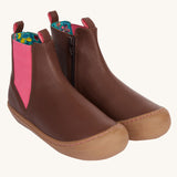Frugi Ravine easy on children's leather boots in a brown, wild woods design.