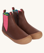 Frugi Ravine easy on children's leather boots in a brown, wild woods design.