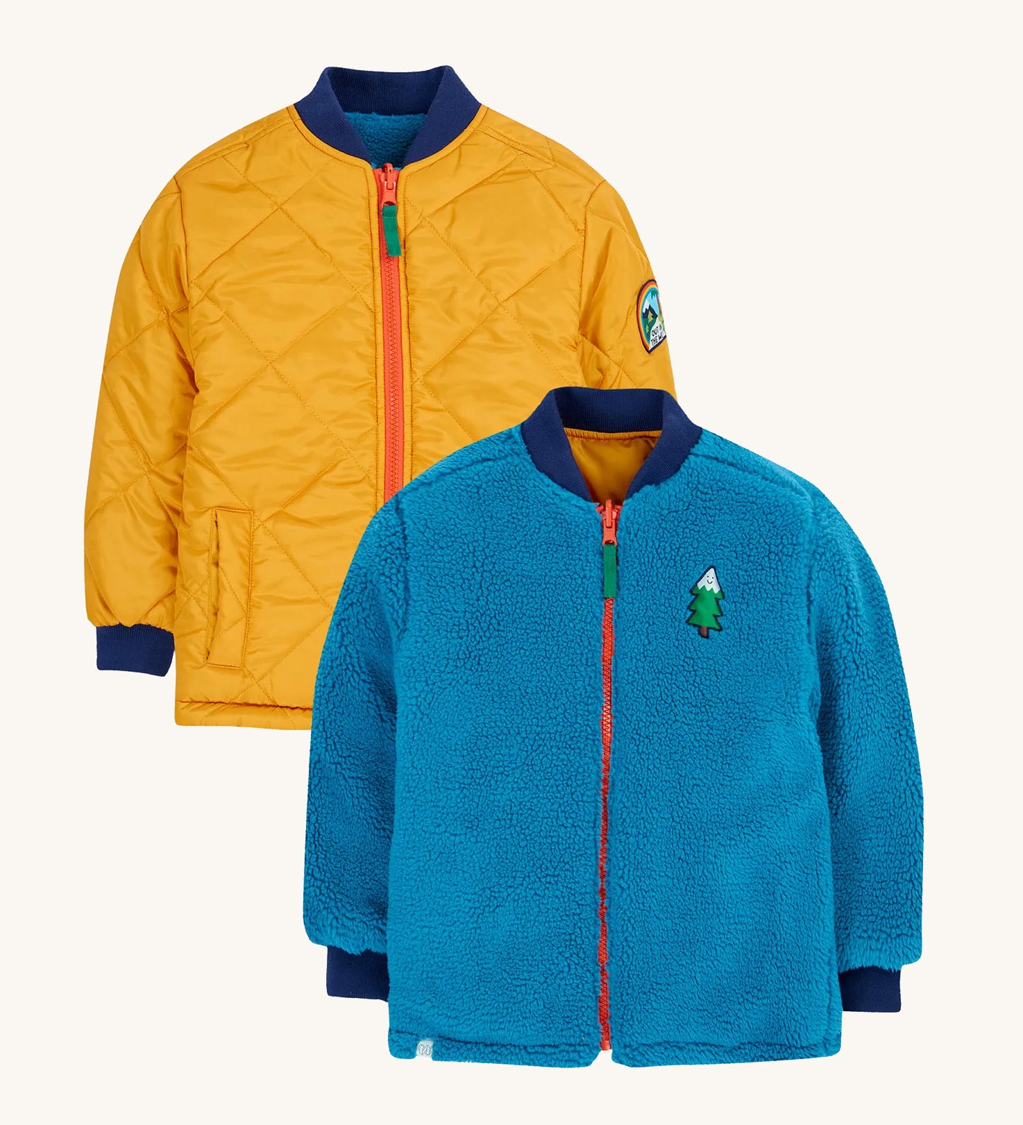 The Frugi Robin Reverse Quilted Fleece Jacket - two of the jackets are shown to display both sides of the reversible kids' coat, one is golden quilted and another is blue fleece.