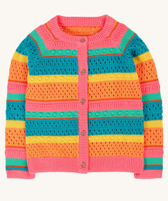 Frugi kids rowe rainbow cardigan in rainbow/pointelle available at Babipur. A GOTS organic cotton soft knitted style cardigan with a bold pastel striped inspired design and pink trim. Features full length button fasteners