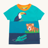 Frugi kids sea, land canopy short sleeve t-shirt - GOTS organic cotton Frugi kids t-shirt with different shades of blue, short sleeve and orange neck trim. Features a crocodile, tiger and toucan apppliue and 2 shoulder popper fasteners for easy fitting.