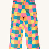 The trousers from the Frugi rainbow check snow and ski salopettes showing the adjustable waistband and combat style side pockets