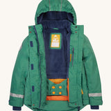 Frugi kids snow and ski coat in green with a mountain scene print. Opened to reveal the thick and warm thick navy fleece inner with a name patch stitched inside. Features a full length zip with velcro fasteners.