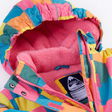 A close up of the Frugi kids snow and ski coat in rainbow check showing the pink zip detail and matching fleece with the name tag patch stitched on the inside
