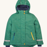 Frugi kids snow and ski coat in green with a mountain scene print. A thick and warm hooded winter green coat made for winter. Features a thick navy fleece inner, yellow poppers at the top and bottom for a secured fit and 2 side zipped pockets.