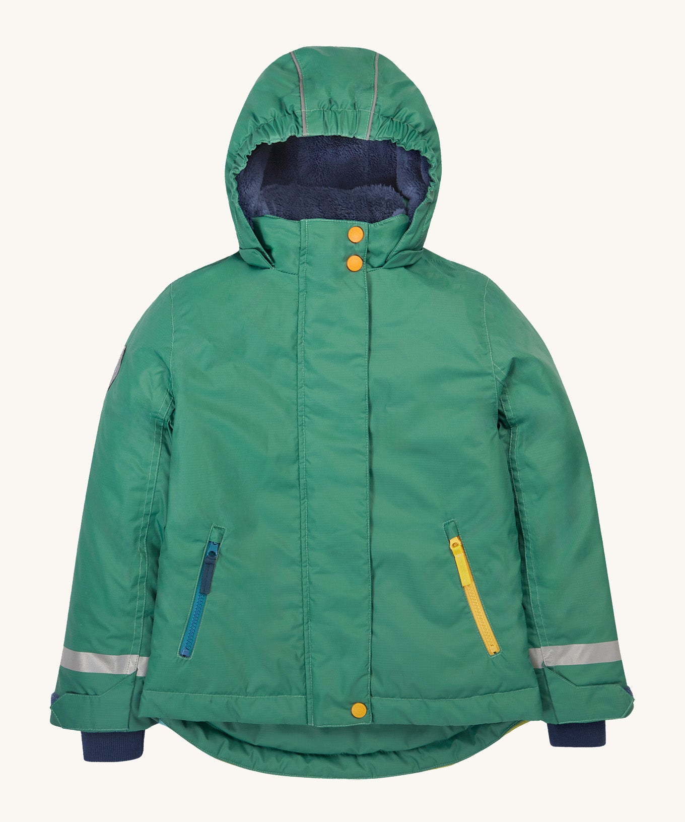 Frugi kids snow and ski coat in green with a mountain scene print. A thick and warm hooded winter green coat made for winter. Features a thick navy fleece inner, yellow poppers at the top and bottom for a secured fit and 2 side zipped pockets.