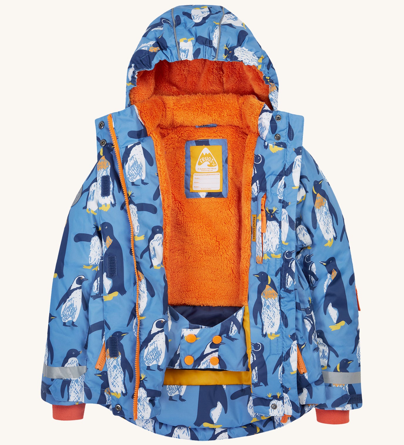 Frugi kids snow and ski coat in penguin waddle. A light blue thick recycled polyester coat with a padded orange inner. Features a snow skirt and a name patch stitched on the inside