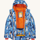Frugi kids snow and ski coat in penguin waddle. A light blue thick recycled polyester coat with a padded orange inner. Features a snow skirt and a name patch stitched on the inside