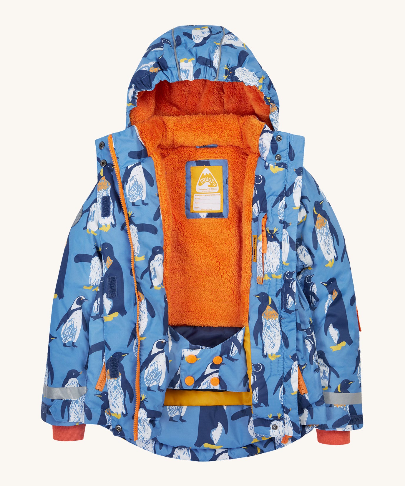 Frugi kids snow and ski coat in penguin waddle. A light blue thick recycled polyester coat with a padded orange inner. Features a snow skirt and a name patch stitched on the inside