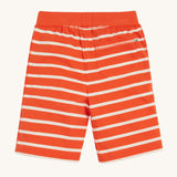 Frugi Stithian Shorts in Tiger Orange Breton laid flat, featuring a back pocket.