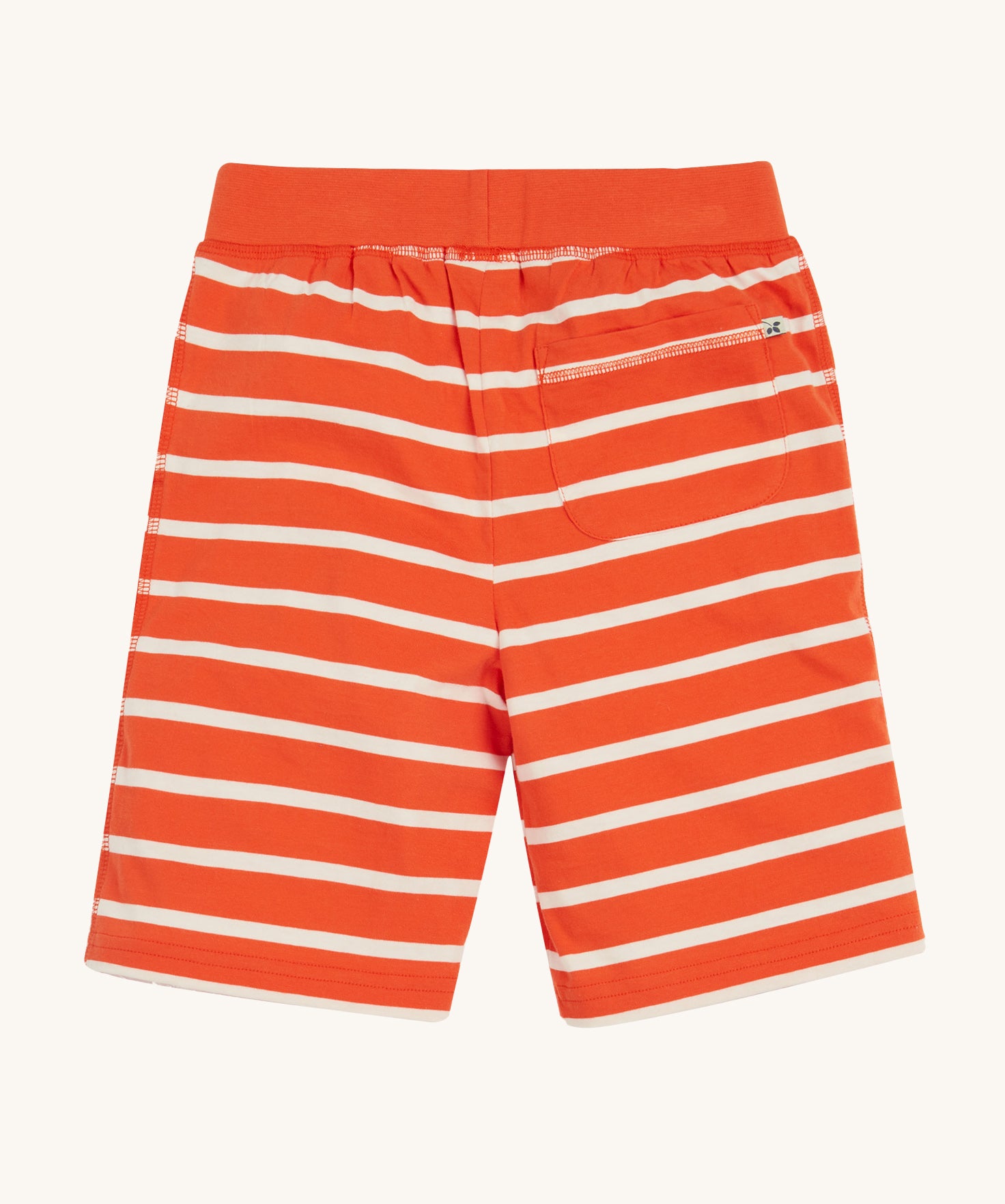 Frugi Stithian Shorts in Tiger Orange Breton laid flat, featuring a back pocket.