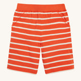 Frugi Stithian Shorts in Tiger Orange Breton laid flat, featuring two front pockets.