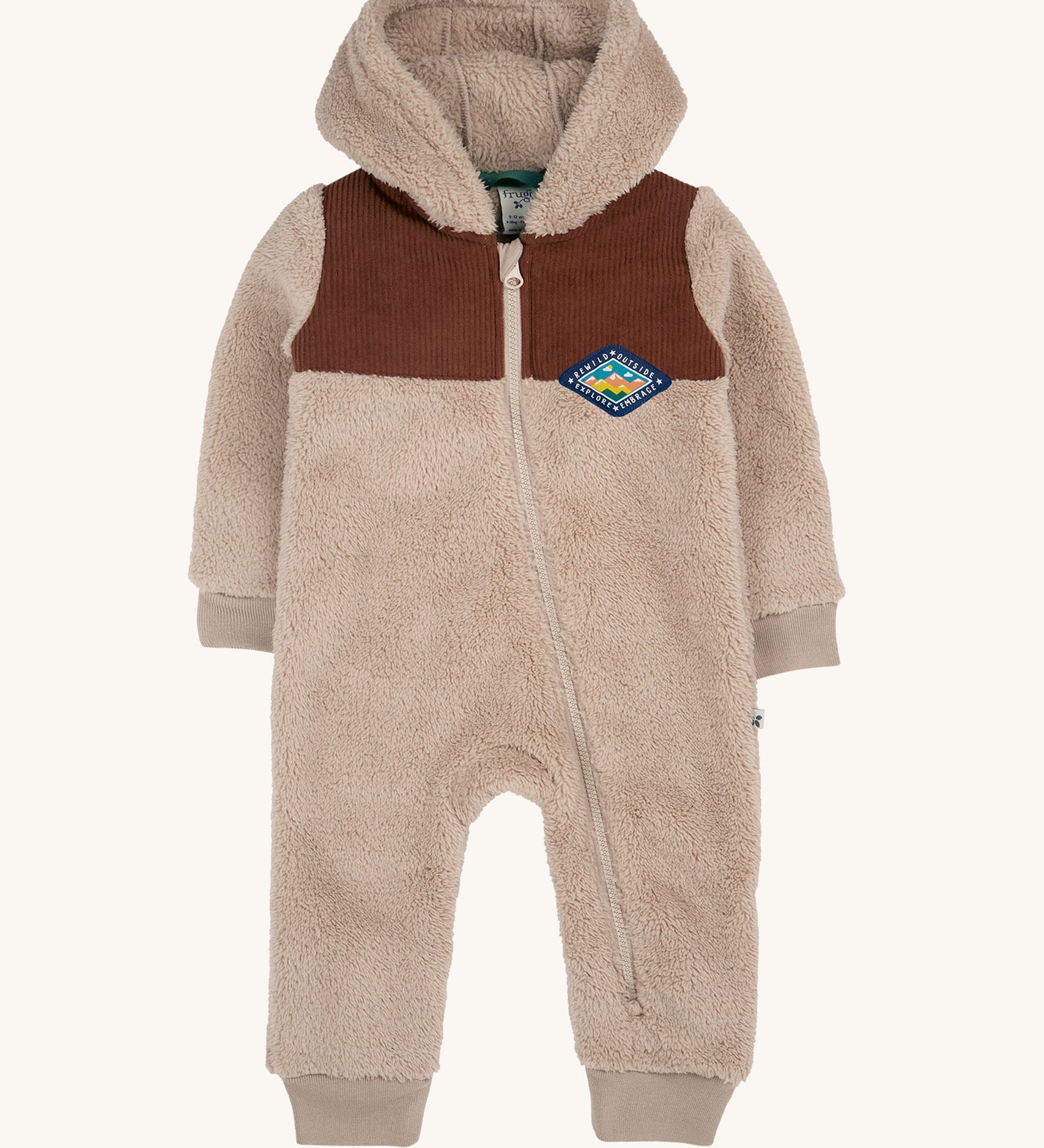 Frugi kids ted cord snuggle suit available at Babipur. A cream teddy fleece style all in one hooded suit. Features a full length zip and brown cord panel on the top