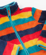 A close up of the Frugi Autumn stripe ted stripe fleece showing the light blue trim and turn up collar