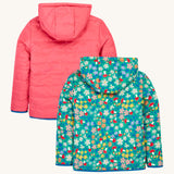 The back of the Frugi kids toasty trail reversible jacket in wild woods and tulip colour way showing the hood detail and blue trim on the arm cuff and hem