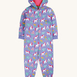 Frugi Organic Cotton purple unicorn floral print Children's Big Snuggle Suit. This all in one snuggle suit is a part of a wide range of organic cotton clothing for children available here at Babipur.