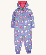 Frugi Organic Cotton purple unicorn floral print Children's Big Snuggle Suit. This all in one snuggle suit is a part of a wide range of organic cotton clothing for children available here at Babipur.