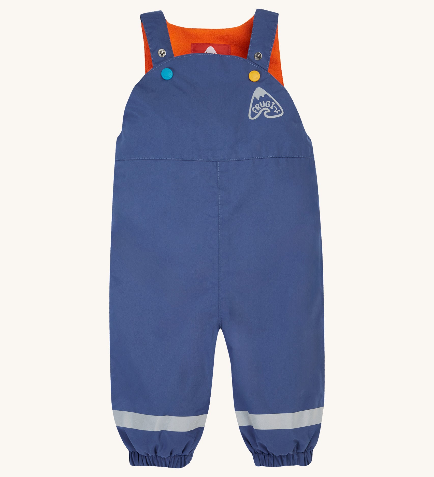 Frugi little kids waterproof dungarees in navy with reflective straps on the legs. Features elasticated leg cuffs and orange fleece liner for warmth