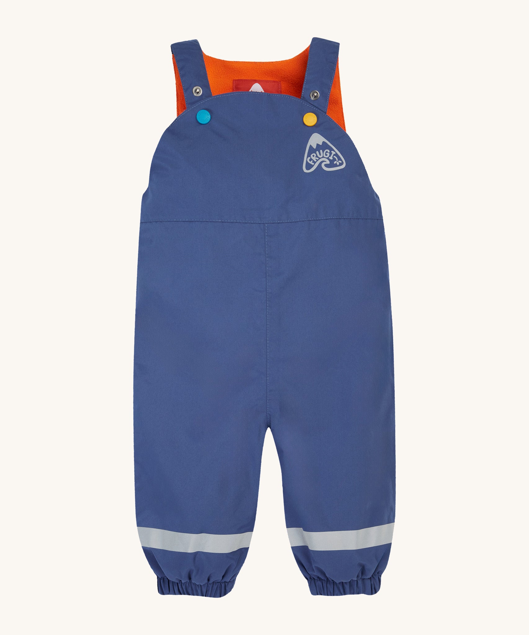 Frugi little kids waterproof dungarees in navy with reflective straps on the legs. Features elasticated leg cuffs and orange fleece liner for warmth
