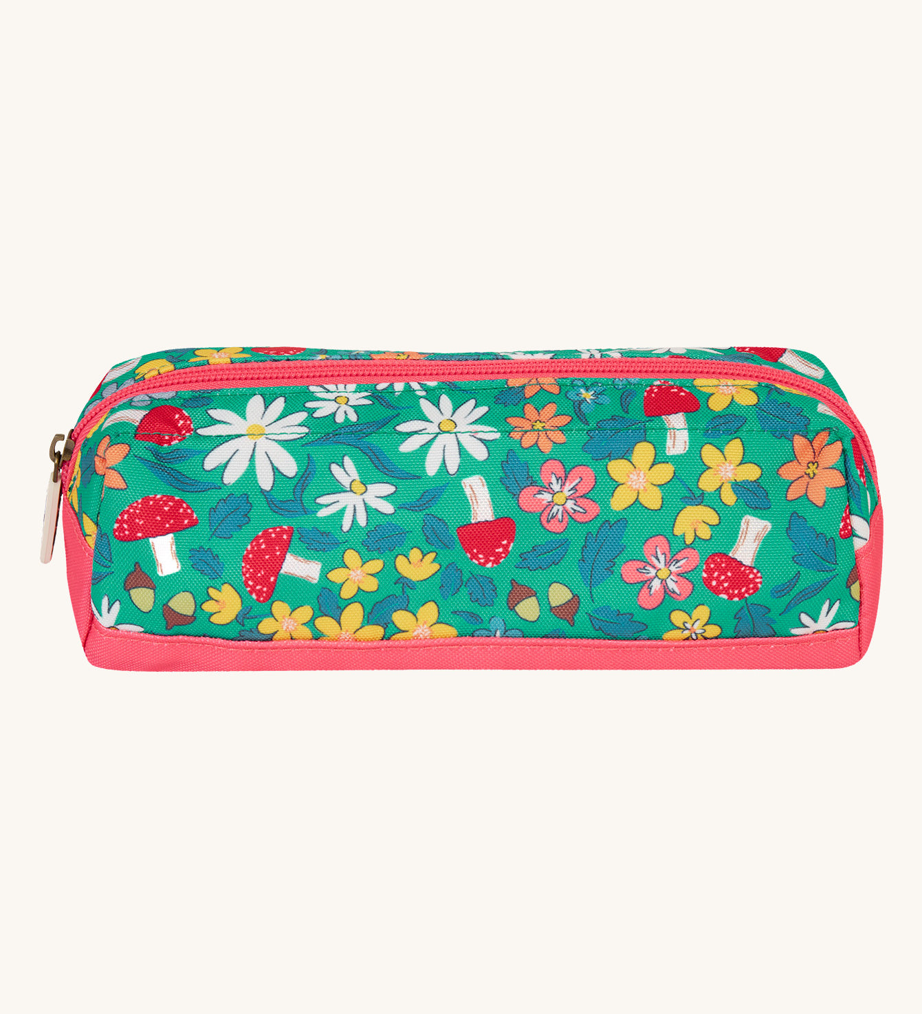 Frugi wild woods pencil case. A kids back to school green pencil case with various woodland inspired prints. Features a zip fastener