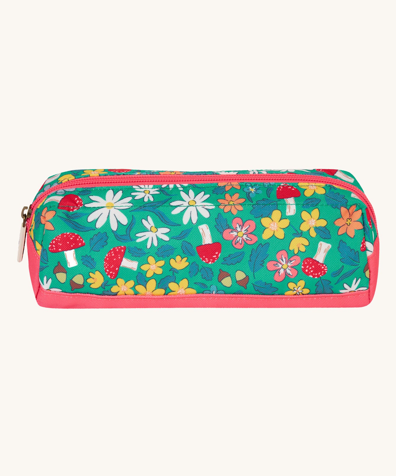 Frugi wild woods pencil case. A kids back to school green pencil case with various woodland inspired prints. Features a zip fastener