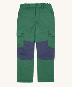 Frugi Wilderness green trousers with navy blue coloured knee patches.