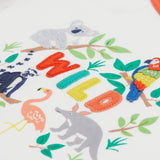 A close up of Frugi Xavier Circus T-Shirt in Soft White, featuring the word 'WILD' embroidered surrounded by exotic animals.