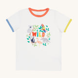 Frugi Xavier Circus T-Shirt in Soft White laid flat, featuring the word 'WILD' surrounded by exotic animals, with colourful hem details.