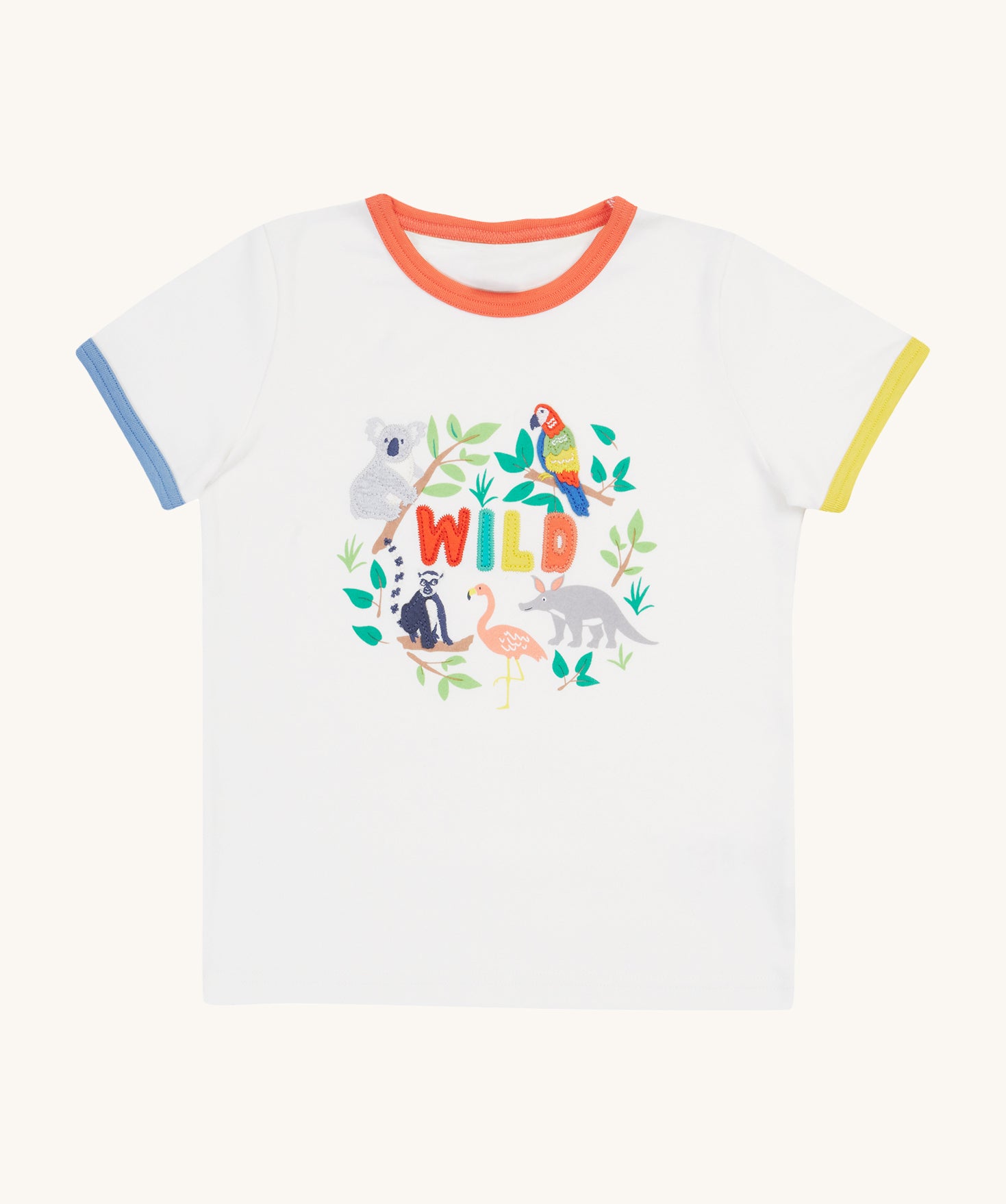 Frugi Xavier Circus T-Shirt in Soft White laid flat, featuring the word 'WILD' surrounded by exotic animals, with colourful hem details.
