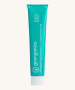 Front view of the Georganics fresh mint hydroxyapatite toothpaste. A light green tube with white and blue branding text.