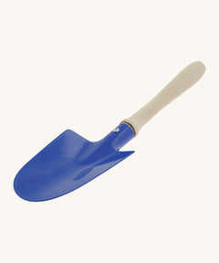 Gluckskafer blue metal shovel in a rounded shape. Features a wooden handle for grip.