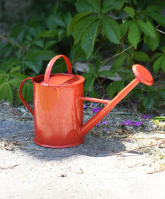 Glückskäfer Red 1L Metal Watering Can placed on concrete floor in a garden.