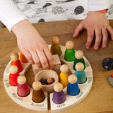 Grapat English Perpetual Calendar displaying the 12 nin peg dolls in colours representing the months of the year according to Waldorf teachings. The display ring has each month written in English around the edge and two cubes in the centre to mark the day