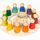 Grapat English Perpetual Calendar displaying the 12 nin peg dolls in colours representing the months of the year according to Waldorf teachings. The display ring has each month written in English around the edge and two cubes in the centre to mark the day