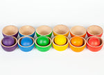 Grapat Bowls & Balls Wooden Toy Set - 12 small wooden toy bowls in 6 rainbow colours and 6 wooden balls. Colour matching and sorting