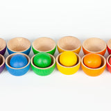 Grapat Bowls & Balls Wooden Toy Set - 12 small wooden toy bowls in 6 rainbow colours and 6 wooden balls. Colour matching and sorting