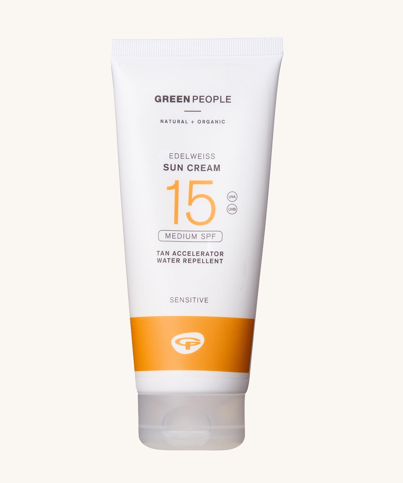 Green People SPF15 Edelweiss Tan Accelerator Sun Lotion in a 200ml tube on a plain background.