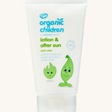 Green People Organic Children's Aloe Vera Aftersun Lotion on a plain background.