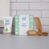 The contents and metal tin of the Organic Babies Green People Baby Bath Set