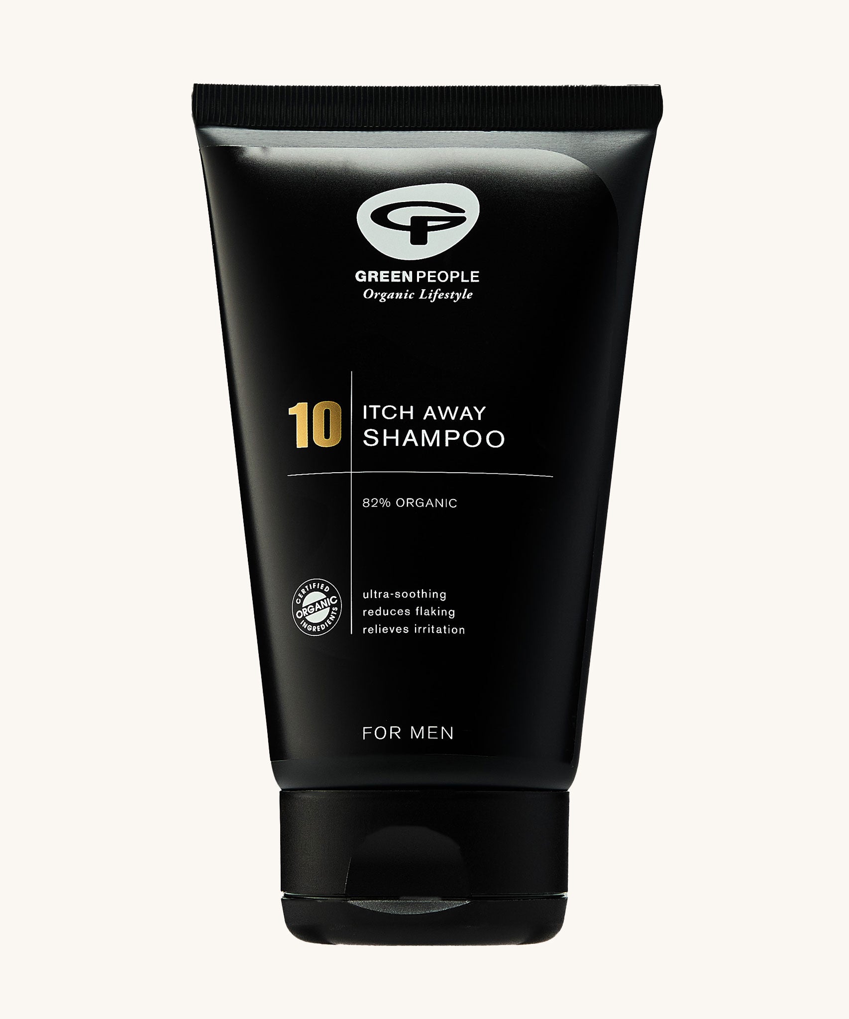 Green People no.10 Itch Away Shampoo in a 150ml tube on a plain background.