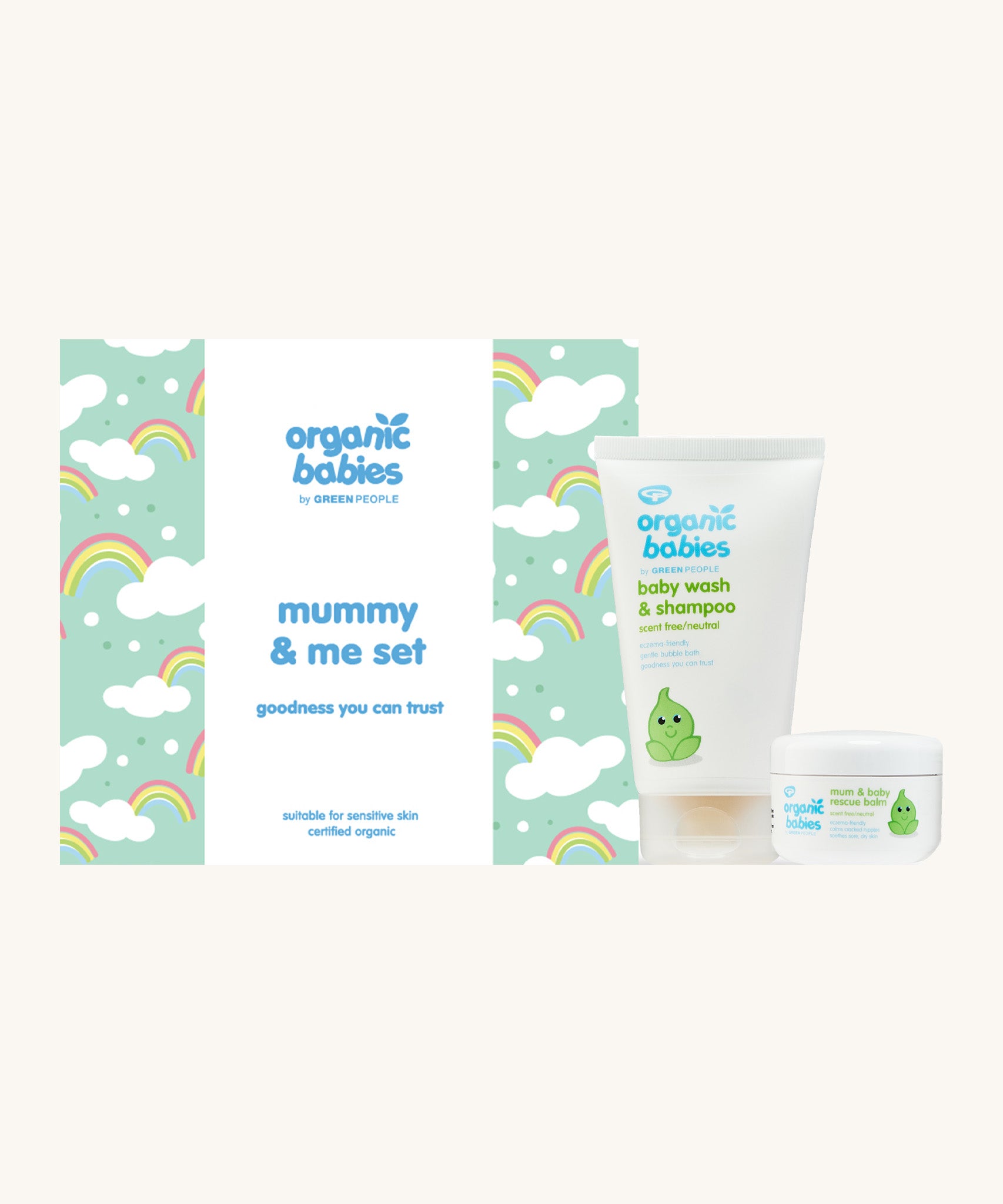 Green people mummy & me gift set. Includes a Organic babies unscented baby wash & shampoo and a mum & baby unscented rescue balm. Comes in a rainbow decorative gift box.